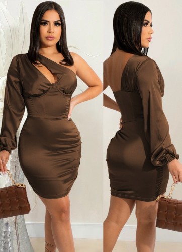 Brown Silk Cut Out One Shoulder Mini Dress