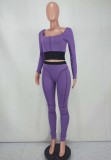 Purple Contrast Square Neck Fitted Crop Top and Pants 2PCS Set
