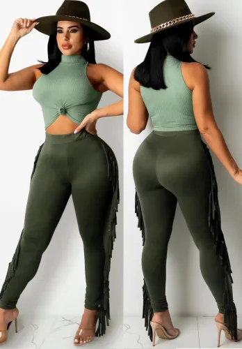 Green High Neck Sleeveless Top And Tassels High Waist Pant 2PCS Set