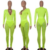 Green V-Neck Fitted Bodysuit and Mesh See Through Ruched Pants 2PCS Set