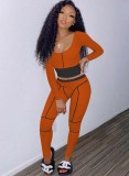 Orange Contrast Square Neck Fitted Crop Top and Pants 2PCS Set