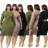Plus Size Green O-Neck Long Sleeve Crop Top & Fringe Midi Skirt