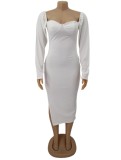 White Sweetheart Collar Long Sleeve Slit Long Dress