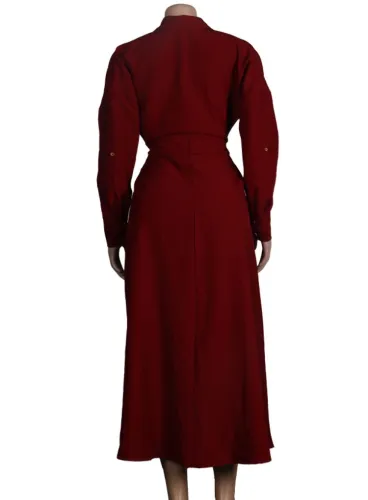 Wine Button Turndown Collar Long Blouse Dress With Belt