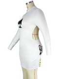 Poker Print White Open Back Long Sleeve Sheath Mini Dress