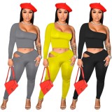 Yellow Single Shoulder Crop Top and Cut Out Fitted Pants 2PCS Set