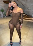 Brown Off Shoulder See Through Long Sleeve Bodycon Jumpsuit