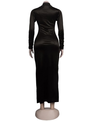 Black Silk Button Up Long Sleeve Maxi Blouse Dress