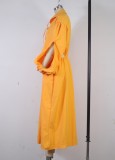Yellow Hollow Out Puffed Sleeve Button Up Long Blouse Dress
