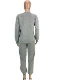 Gray Long Sleeves O-Neck Loose Top and Pants 2PCS Set