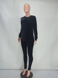 Black Velvet Loose O-Neck Sweatshirt and Fitted Pants 2PCS Set