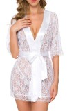 White Lace Nightdress and T-Back Lingerie 2PCS Set with Silk Belt