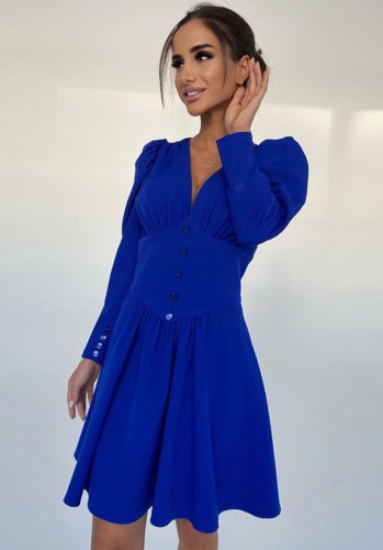 Blue V-Neck Button Corset Long Sleeve Mini Skater Dress