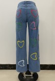 Colorful Heart Print Blue Loose Jeans with Pocket