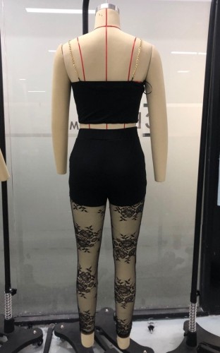 Black Chains Cami Bustier Crop Top And Lace Shorts 2PCS Set