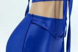 Blue Tassels Cut Out Sleeveless Crop Top and Pants 2PCS Set