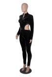 Black Velvet Cut Out Zipper Open Long Sleeve Slim Jumpsuit