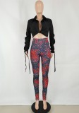 Black Long Sleeve Crop Top and  Print High Waist Fitted Pants