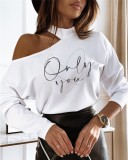 Letter Print White Shoulder-exposed Round Neck Long Sleeve Tee