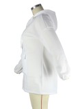 Plus Size White Zip Hoody Loose Mini Sweatshirt Dress with Pocket