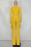 Yellow Deep-V Long Sleeve Ruffles Long Shirt And Pant 2PCS Set