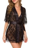 Black Lace Nightdress and T-Back Lingerie 2PCS Set with Silk Belt