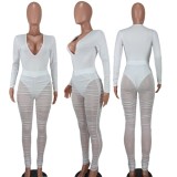 White V-Neck Fitted Bodysuit and Mesh See Through Ruched Pants 2PCS Set