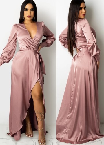 Pink Silk Deep-V Long Sleeve Slit Maxi Dress