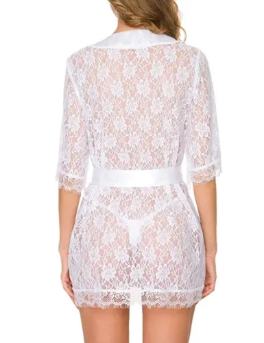 White Lace Nightdress and T-Back Lingerie 2PCS Set with Silk Belt