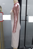 Pink Sequins White Cut Out Midi Neck Long Sleeve Long Dress