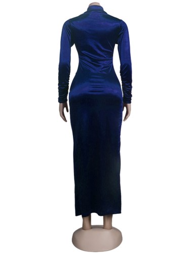 Blue Silk Button Up Long Sleeve Maxi Blouse Dress