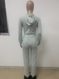 Grey Zipper Open Long Sleeve Hoody Top And Pant 2PCS Set