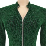 Sparkly Green Zipper Up Long Sleeve Bodycon Jumpsuit