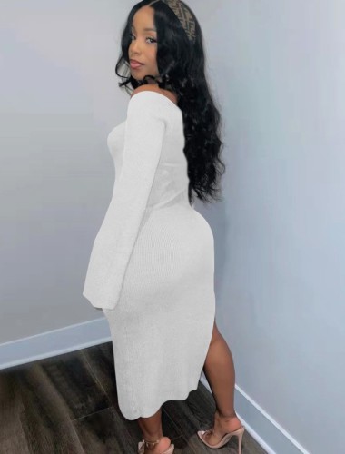 White Sweetheart Collar Long Sleeve Slit Long Dress