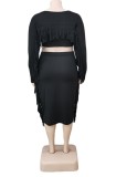 Plus Size Black O-Neck Long Sleeve Crop Top & Fringe Midi Skirt