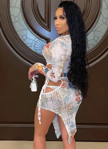 White Print Cut Out Long Sleeve Bodysuit and Irregular Skirt 2PCS Set