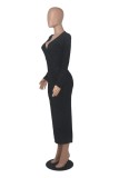 Black V-neck Long Sleeve Transparent Back Slit Long Dress