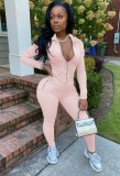 Pink Zipper Open Long Sleeve Hoody Top and Pants 2PCS Set