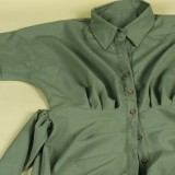Green Button Turndown Collar Long Blouse Dress With Belt