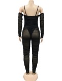Black Off Shoulder See Through Long Sleeve Bodycon Jumpsuit
