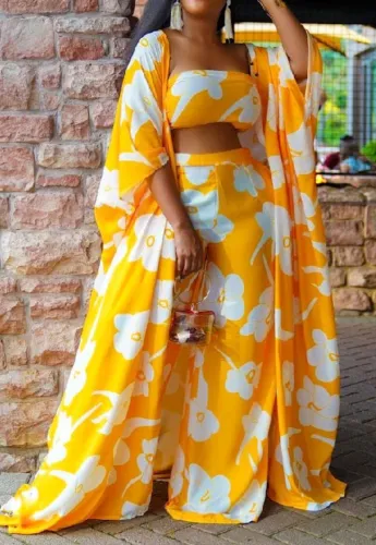Flower Print Yellow Bandeau Top And Long Cardigan with Loose Pant 3PCS Set