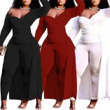 Plus Size Red One Shoulder Long Sleeve Irregular Top and Pant 2PCS Set