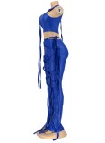 Blue Tassels Cut Out Sleeveless Crop Top and Pants 2PCS Set