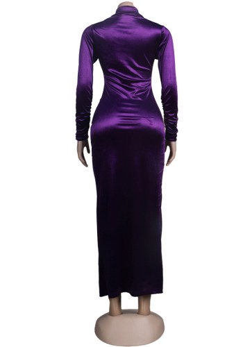 Purple Silk Button Up Long Sleeve Maxi Blouse Dress