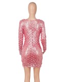 Pink Hollow Out Long Sleeve O-Neck Mini Sheath Dress