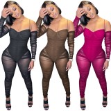 Brown Off Shoulder See Through Long Sleeve Bodycon Jumpsuit