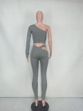 Gray Single Shoulder Crop Top and Cut Out Fitted Pants 2PCS Set