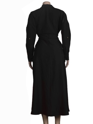 Black Button Turndown Collar Long Blouse Dress With Belt