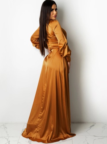 Yellow Silk Deep-V Long Sleeve Slit Maxi Dress