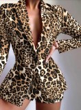 Leopard Print Long Sleeve Office Blazer And Shorts 2PCS Set
